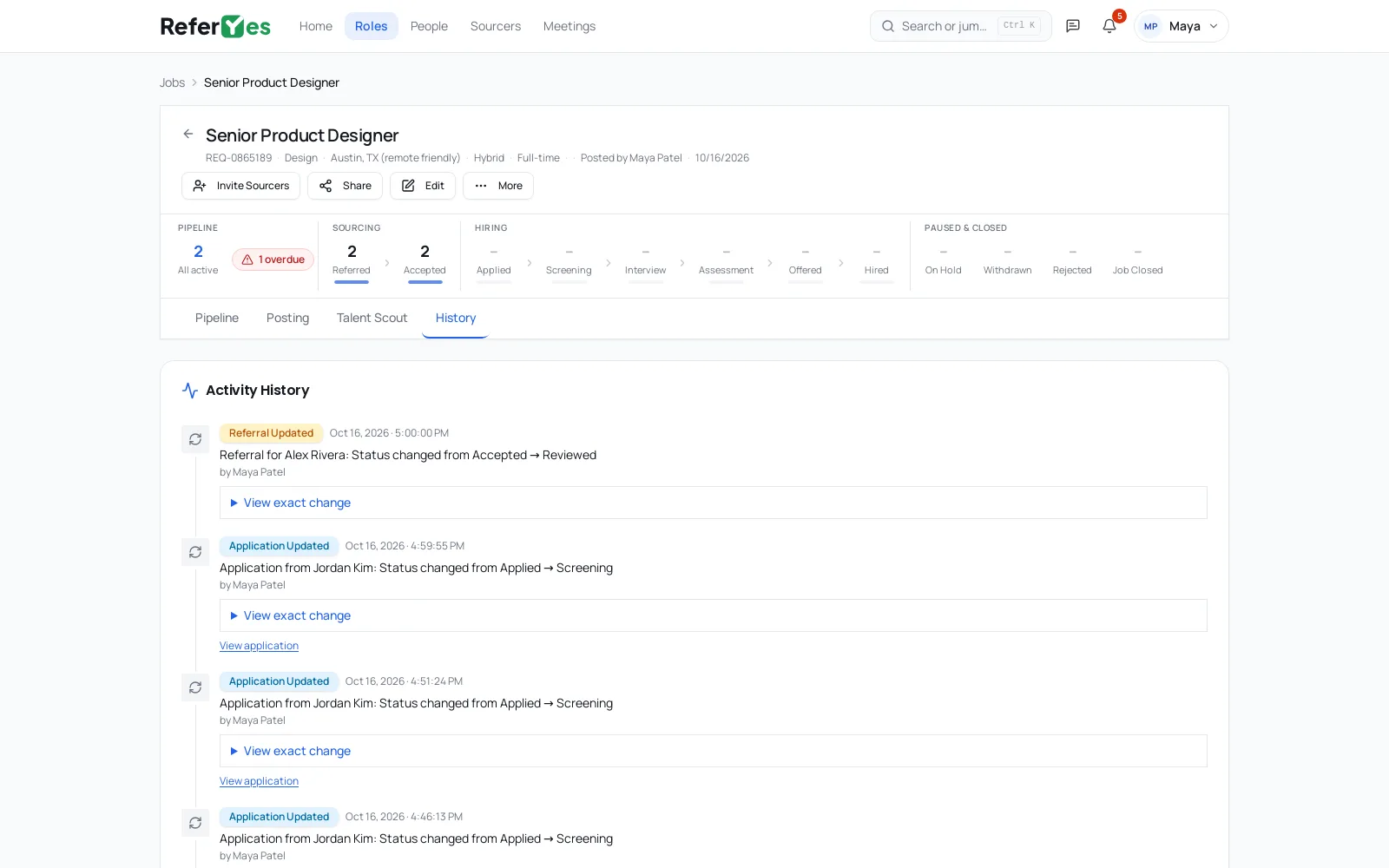 A role's activity history: each change with its time, who made it and a link to the exact change