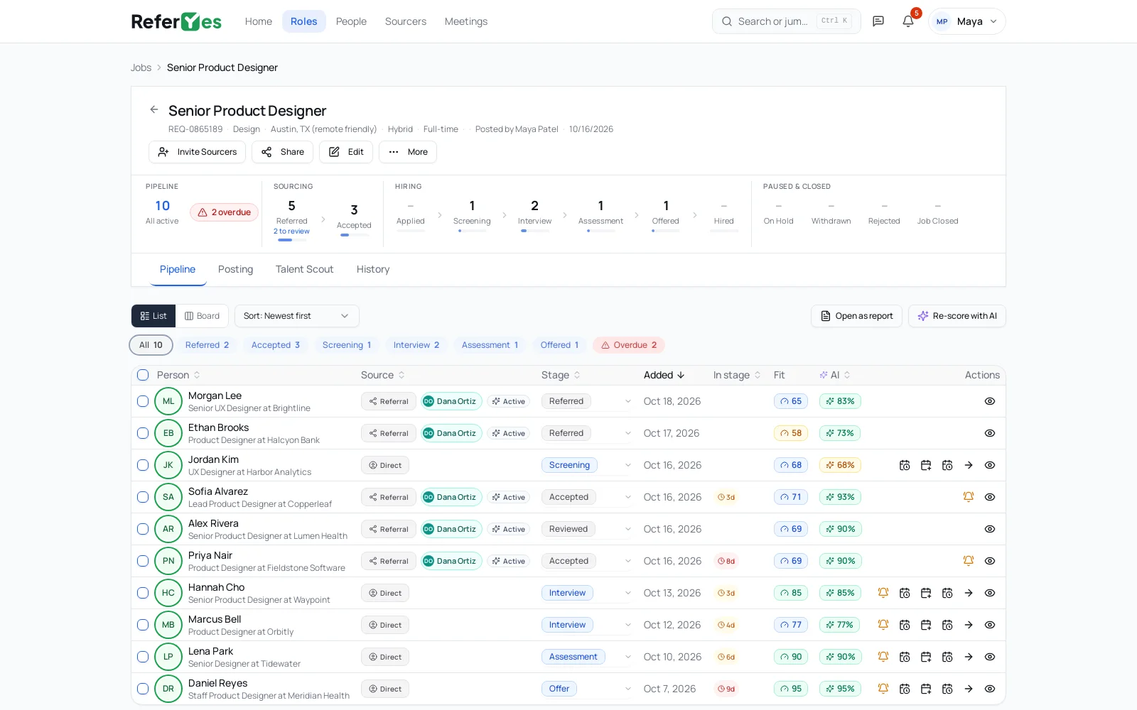 A ReferYes role: the pipeline by stage, referred candidates with their sourcer and AI match, and the hiring team