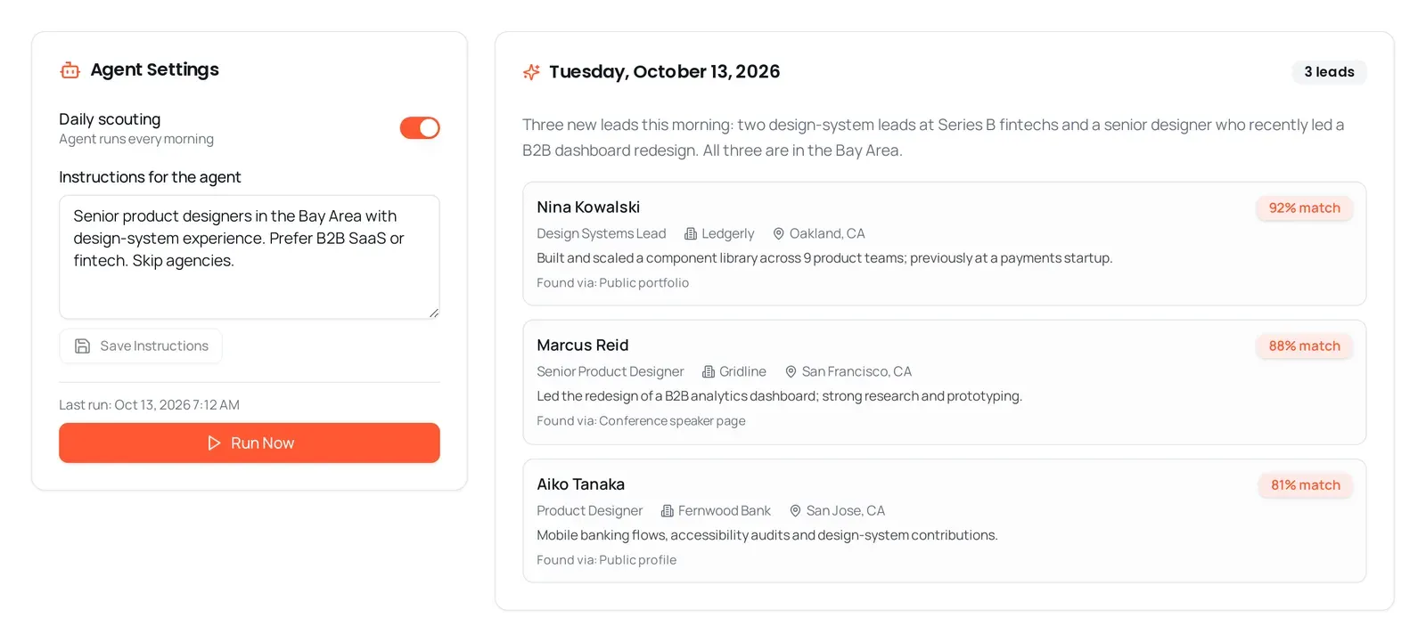 Talent Scout agent settings and this morning's leads with match scores