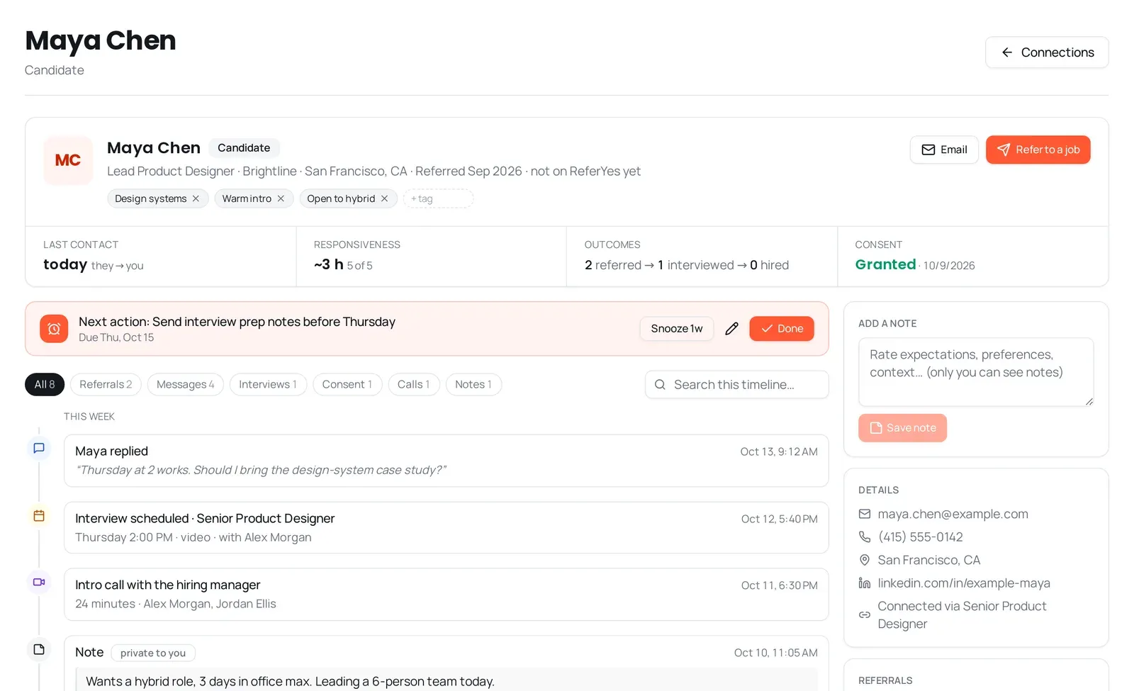 A person's timeline: last contact, responsiveness, outcomes and consent, a next action, and messages, calls, interviews and referrals in order