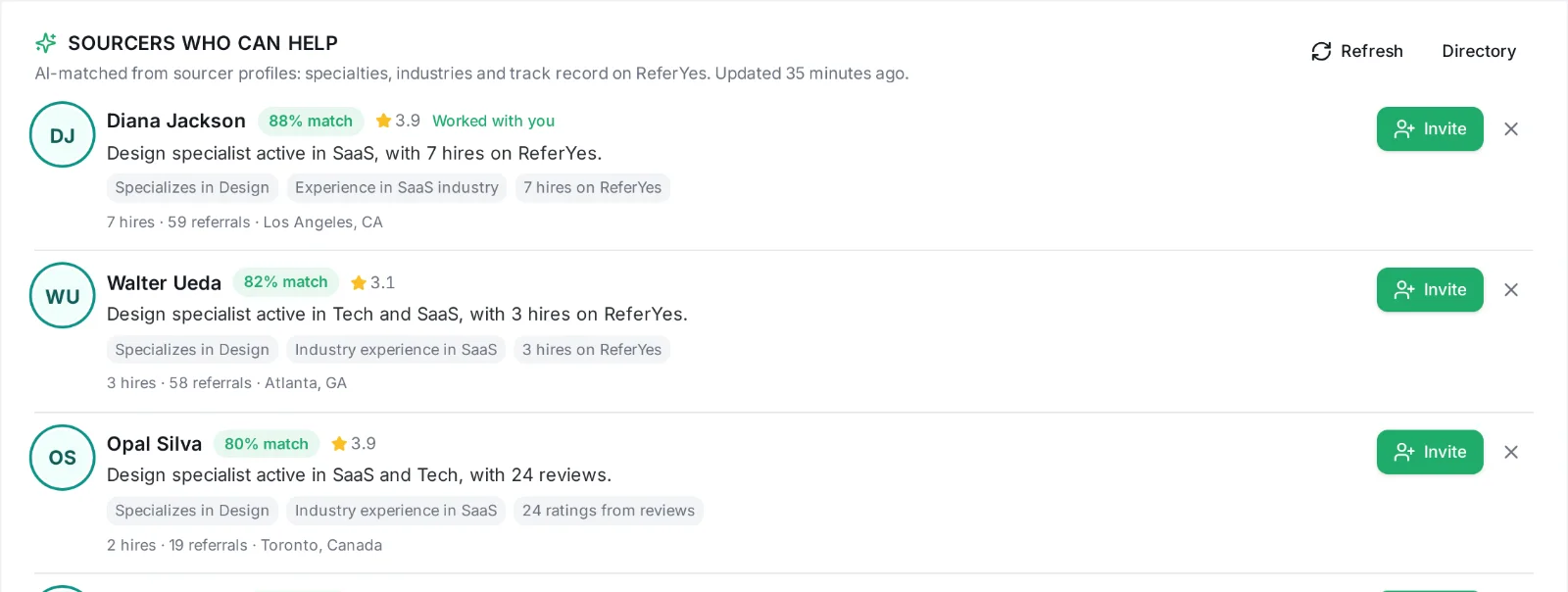 Sourcers who can help: AI-matched sourcers with scores, reasons and Invite buttons